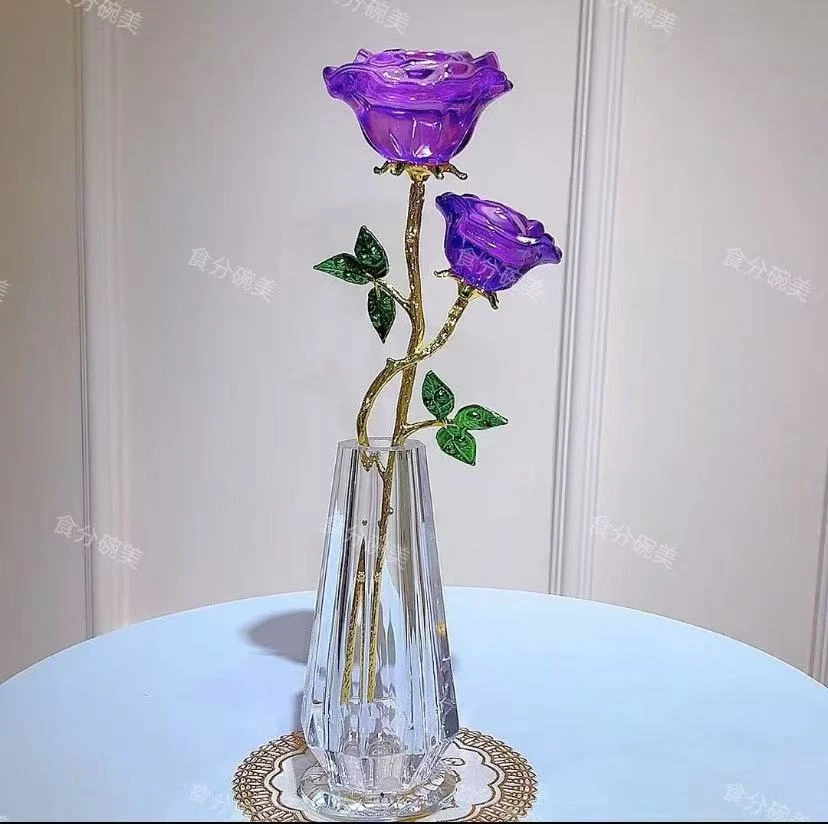 高档紫色水晶玫瑰花摆件套装（高28cm）