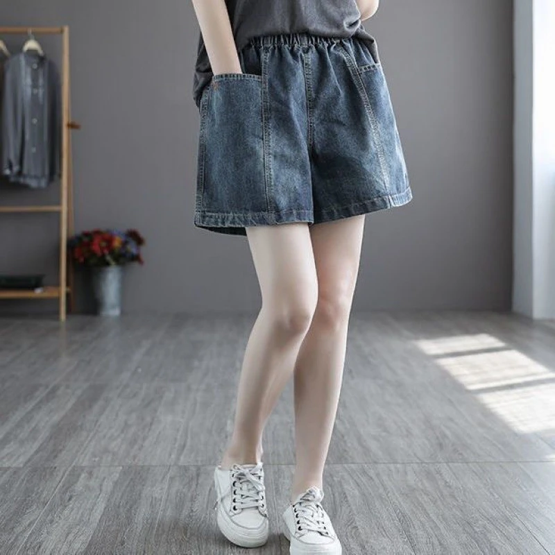 松紧腰阔腿牛仔短裤女2025夏季新款韩版宽松显瘦百搭胖mm短裤薄款