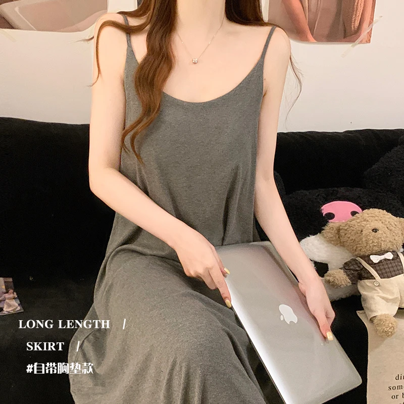 吊带睡裙女款夏季莫代尔人棉简约新款性感长款带胸垫一体深灰睡衣