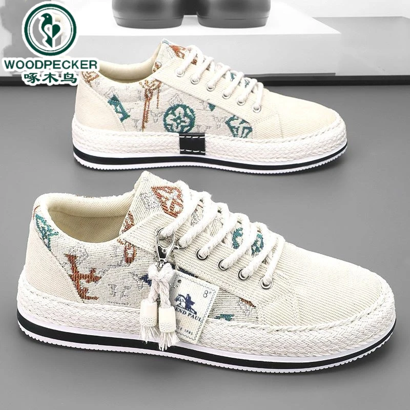 【正品】啄木鸟春季老北京布鞋帆布鞋男鞋透气潮流灯芯绒平板鞋男