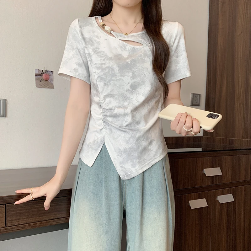 夏装微胖妹妹大码女装设计感扎染不规则镂空短袖t恤收腰藏肉上衣