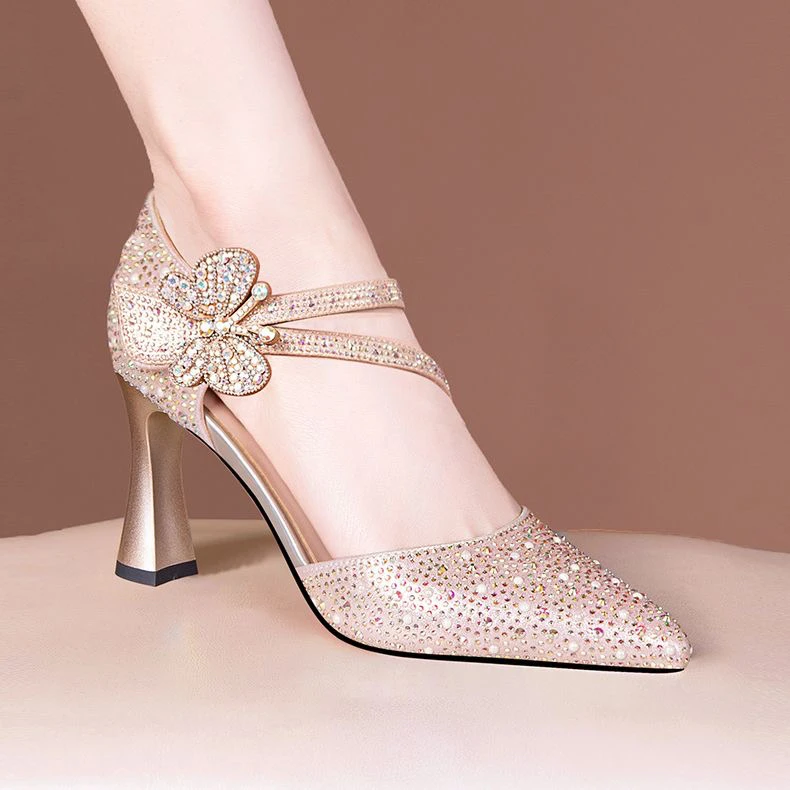 金色凉鞋宴会高跟鞋水钻凉鞋女粗跟2025新款凉鞋女款2025新款爆款