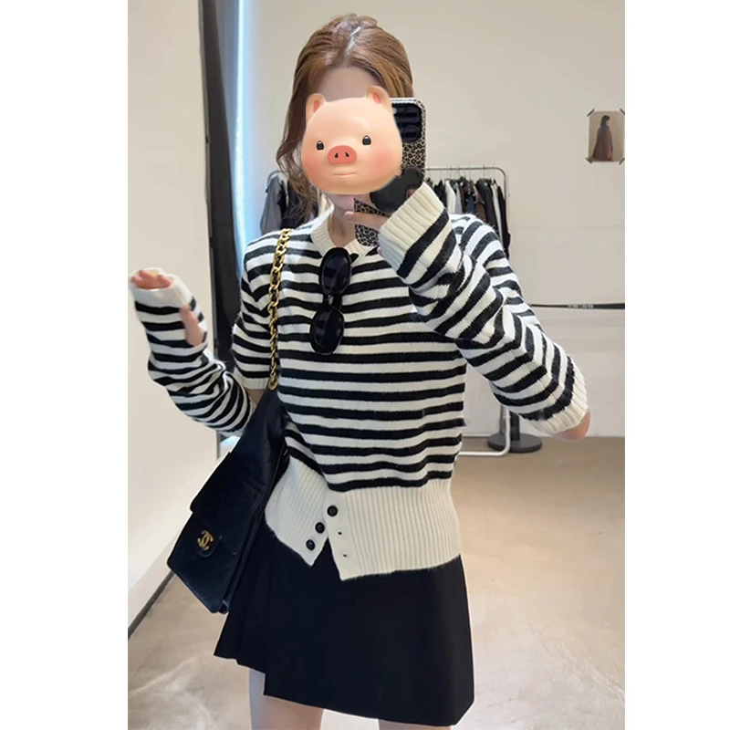 巨好看的撞色条纹袖套毛衣女秋冬短袖针织衫独特漂亮早秋chic上衣