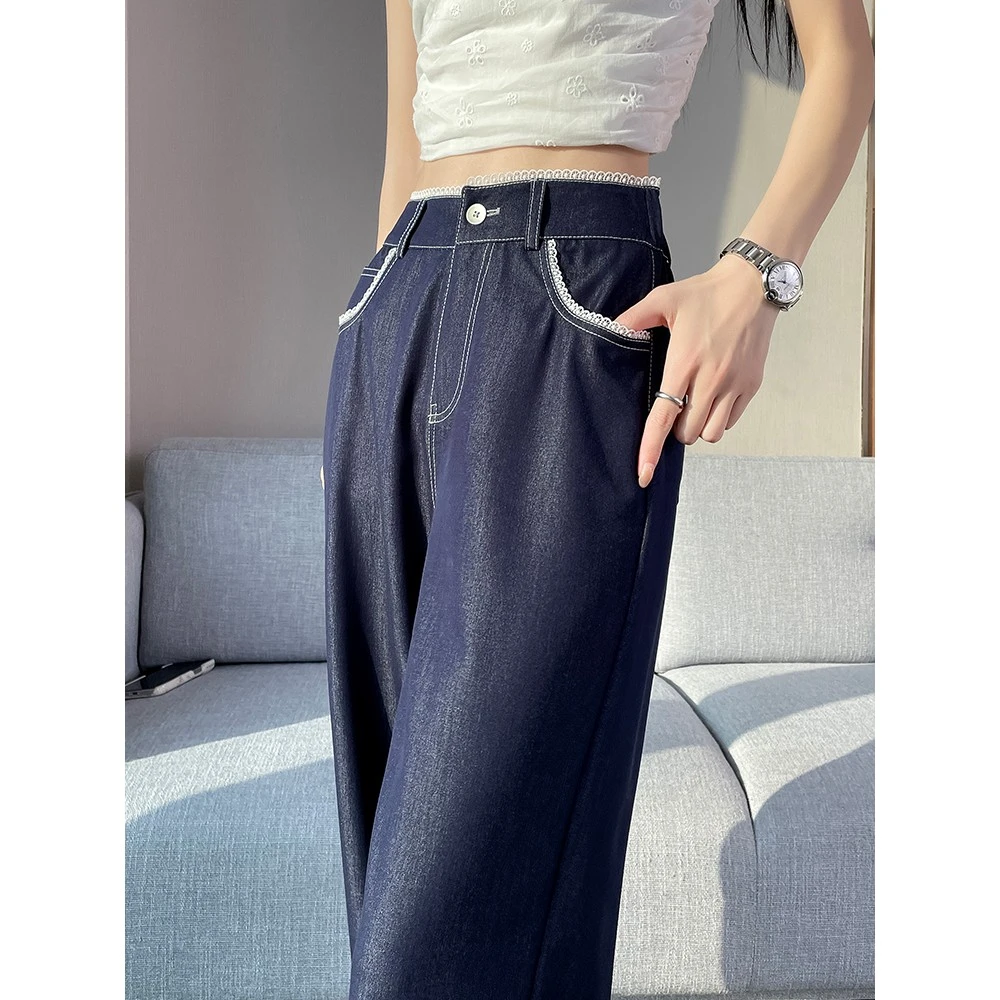 休闲阔腿牛仔裤女2025新款夏季薄款蕾丝花边松紧高腰垂感直筒裤子