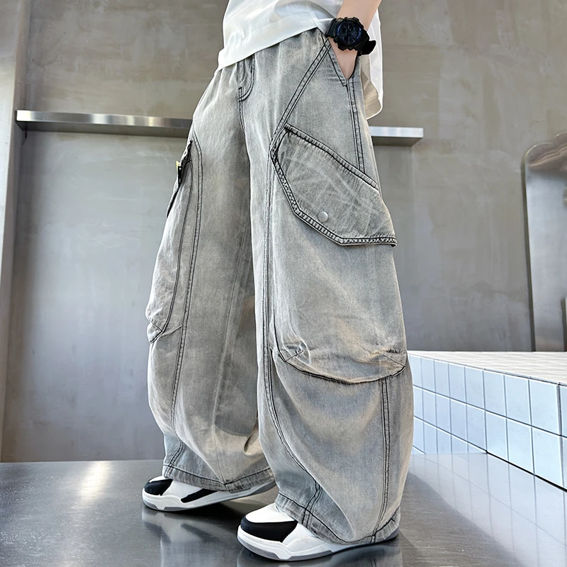 中大童男童夏季薄款潮牌牛仔裤透气凉快儿童夏装工装风裤子百搭