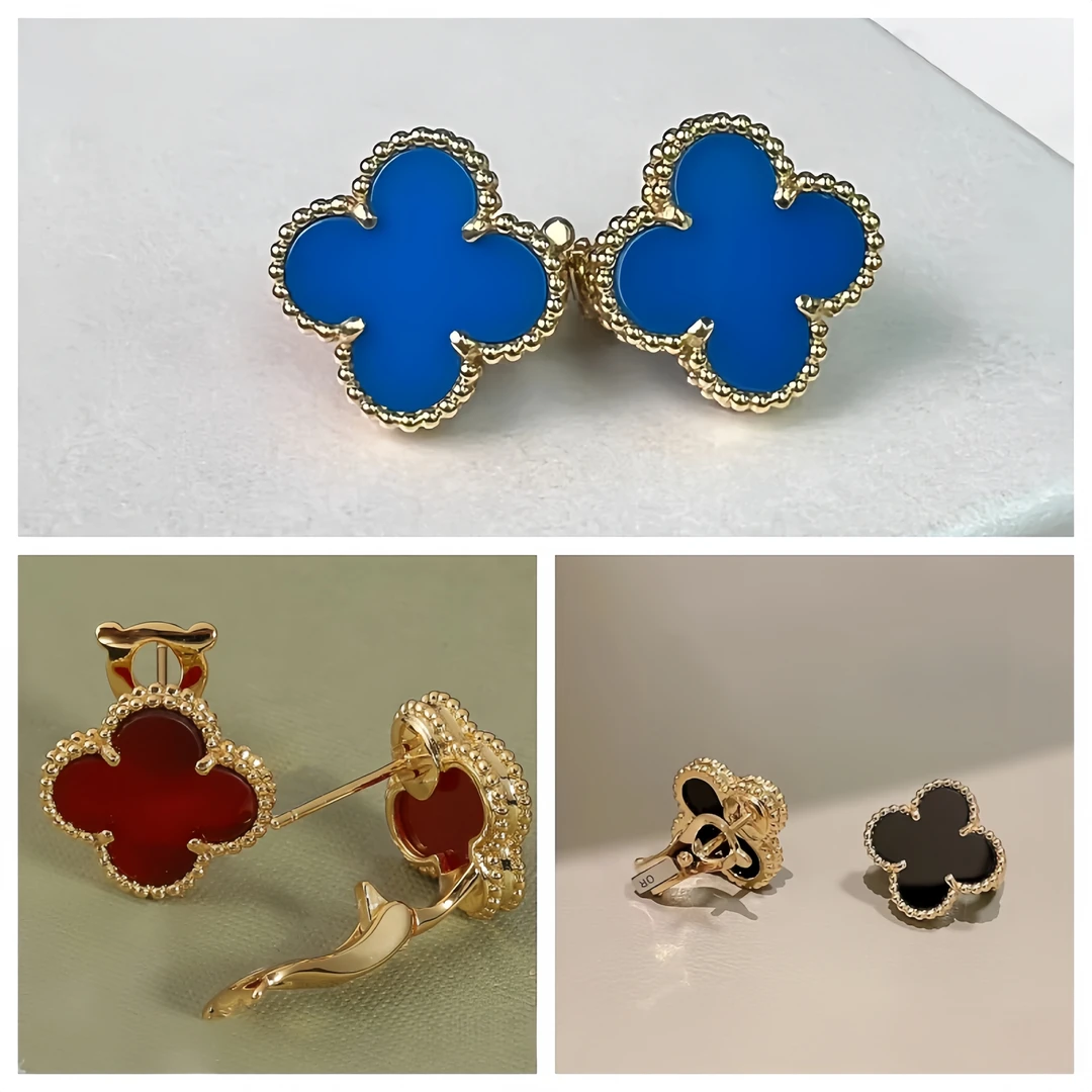 （高货）通体18K金四叶草耳拍大花耳钉女千金法式耳钉单花轻奢耳饰