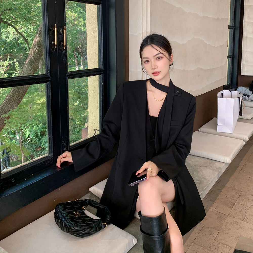 新款女西装外套小个子春秋纯色宽松设计感绑带领聚酯纤维通勤韩