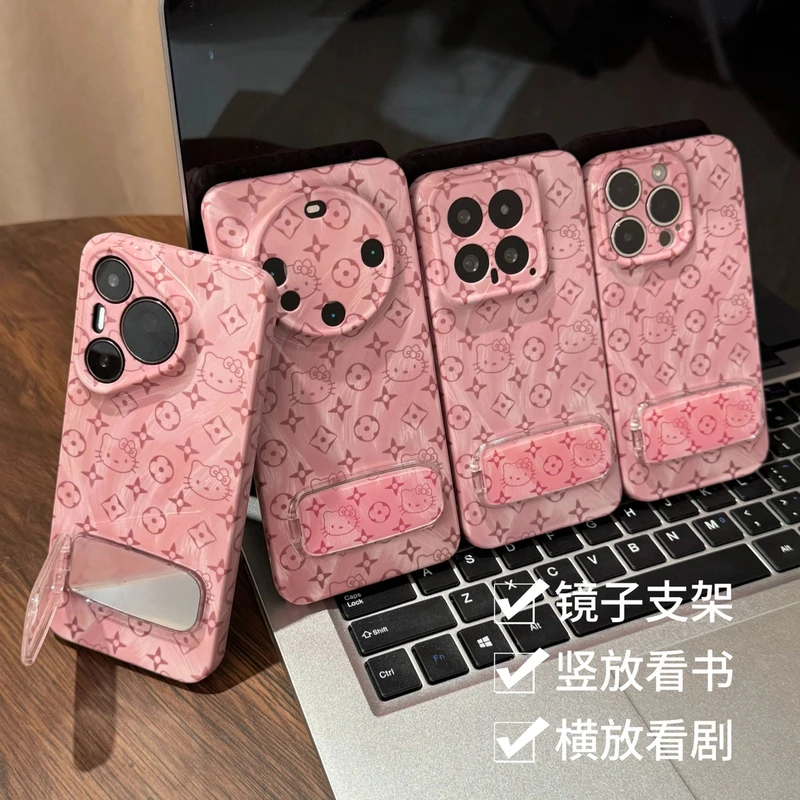粉KT猫印花镜面支架适用iphone16菲林手机壳华为vivo小米oppo