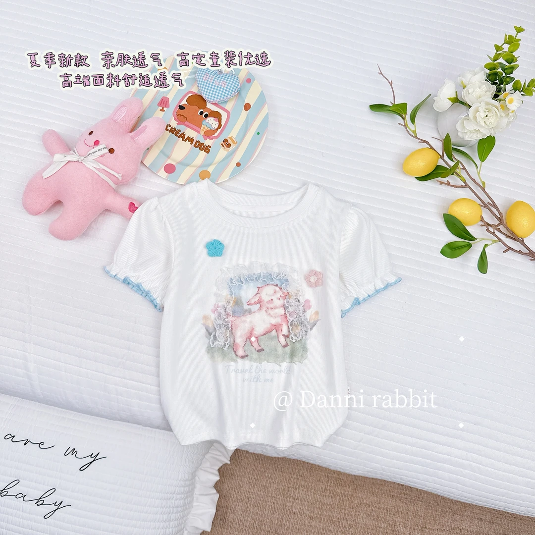 【Dannirabbit】*蕾丝小羊+立体花朵+泡泡袖女童T恤*G-6009