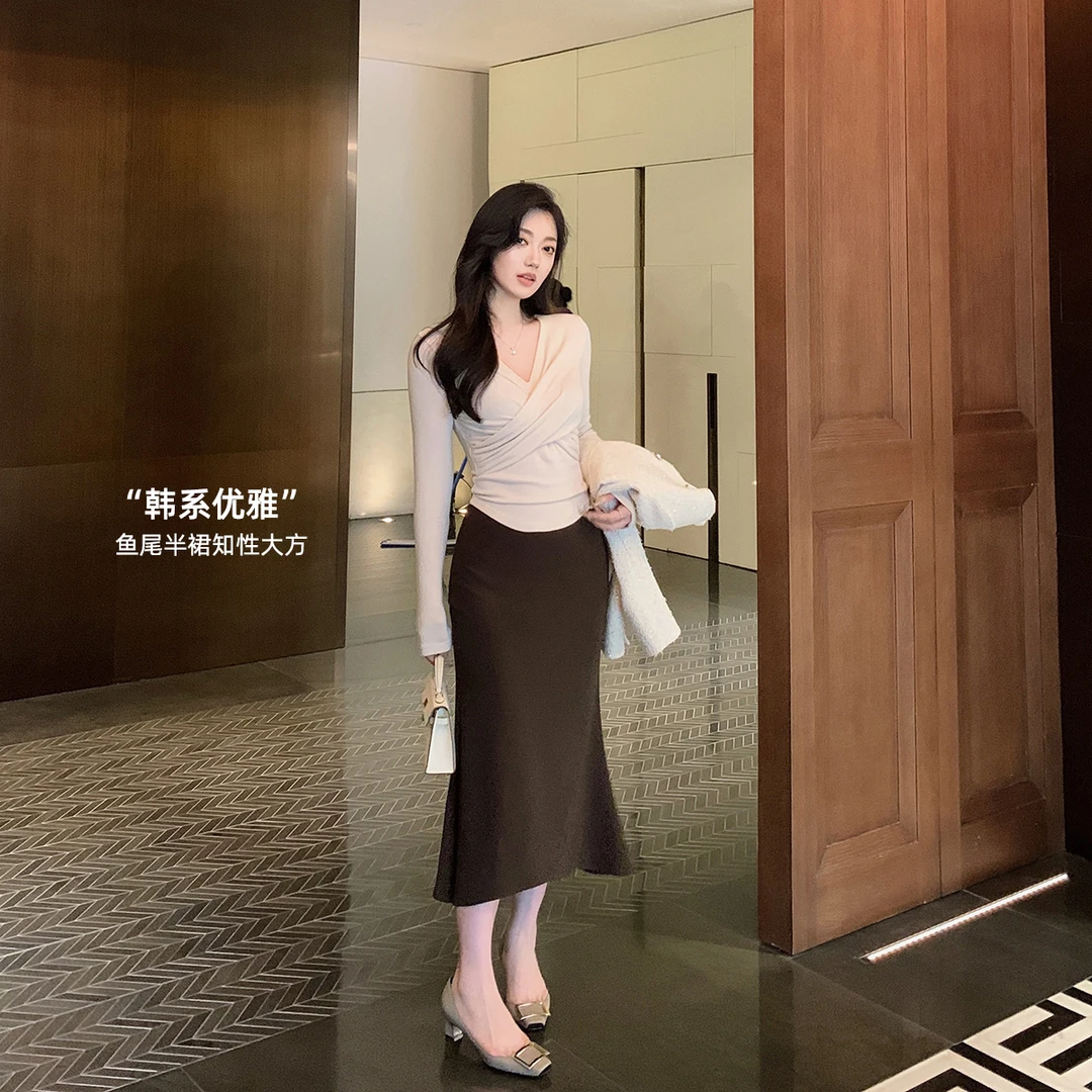 林关关【秋风萧瑟】 气质针织鱼尾半身裙女早秋高腰a字长款长裙女