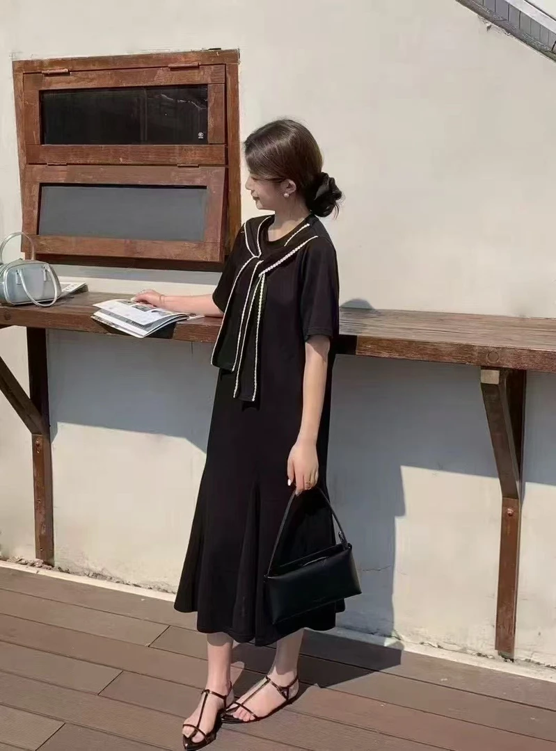 260夏季黑色设计感领带连衣裙宽松娃娃版休闲连衣裙长度108