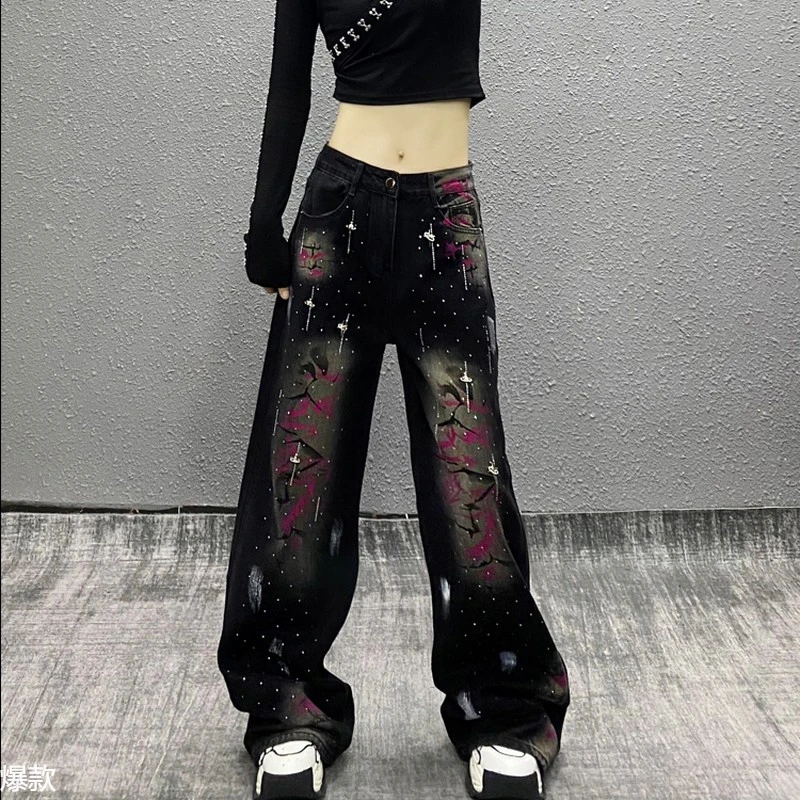 重工烫钻印花休闲牛仔裤女秋新款洋气高腰宽松显瘦百搭直筒阔腿裤