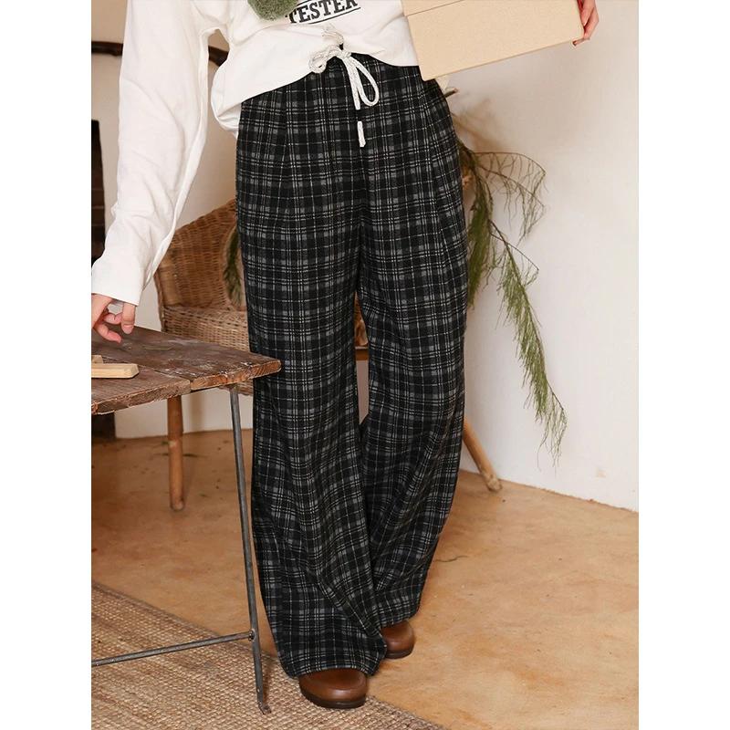 藏肉显瘦格纹抽绳休闲裤加厚宽松秋冬阔腿裤冬季复合质感长裤潮