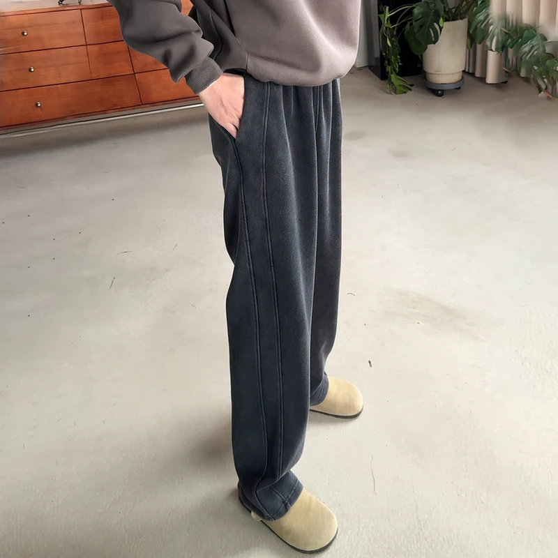 提臀水洗破坏卫裤cleanfit宽松直筒春秋款长裤重磅磨白灰男休闲裤