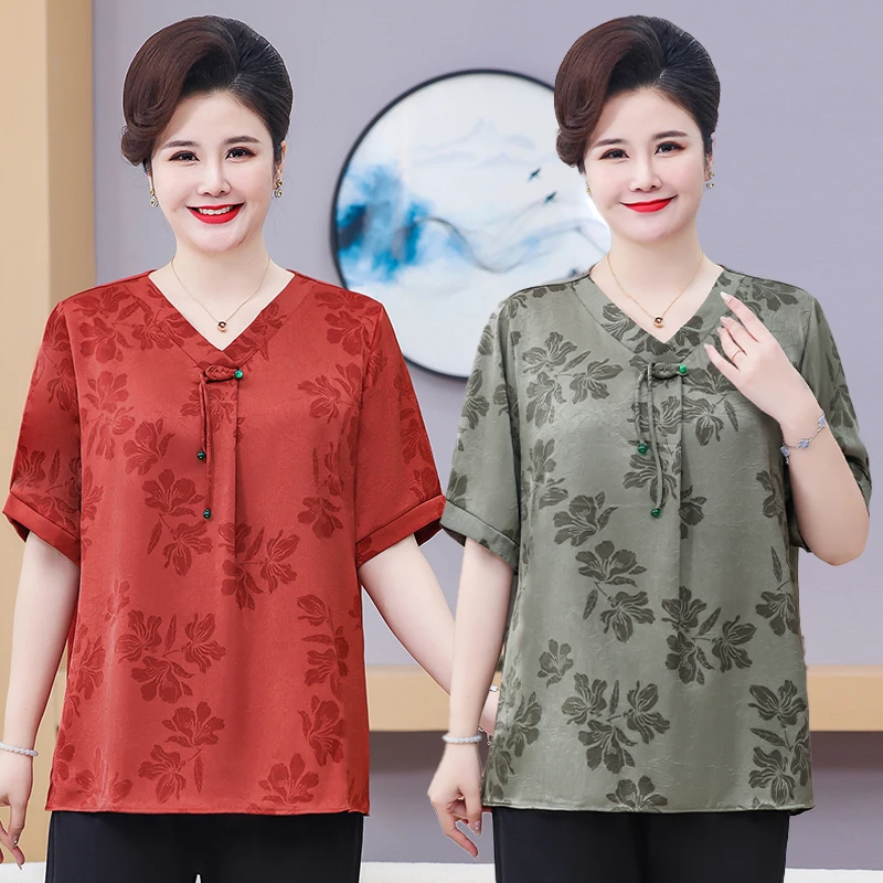 120-260斤洋气大码中老年女装夏季薄款缎面妈妈装上衣气质小衫