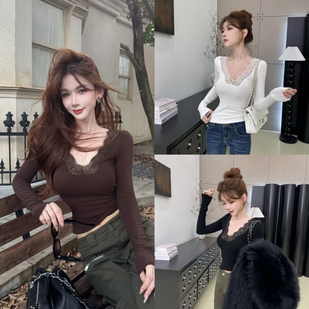 胸大腰细蕾丝领弹力V领秋冬上衣百搭内搭打底衫