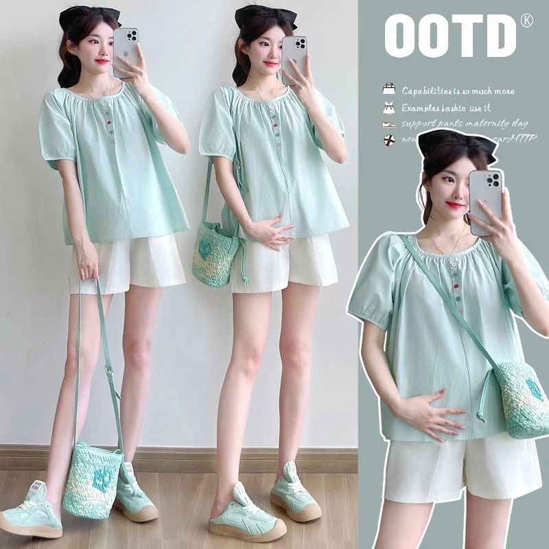 孕妇装新款气质休闲夏季时尚减龄显瘦甜美娃娃衫短袖宽松遮肚上衣