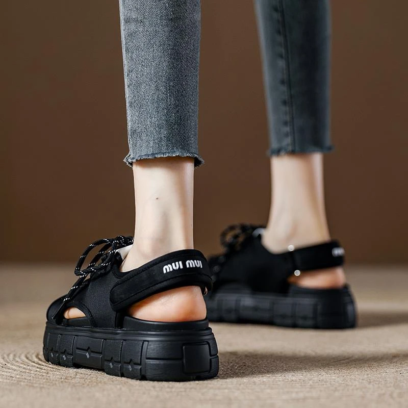 2025夏季新款细带厚底增高露趾运动凉鞋休闲百搭沙滩鞋女外穿软底