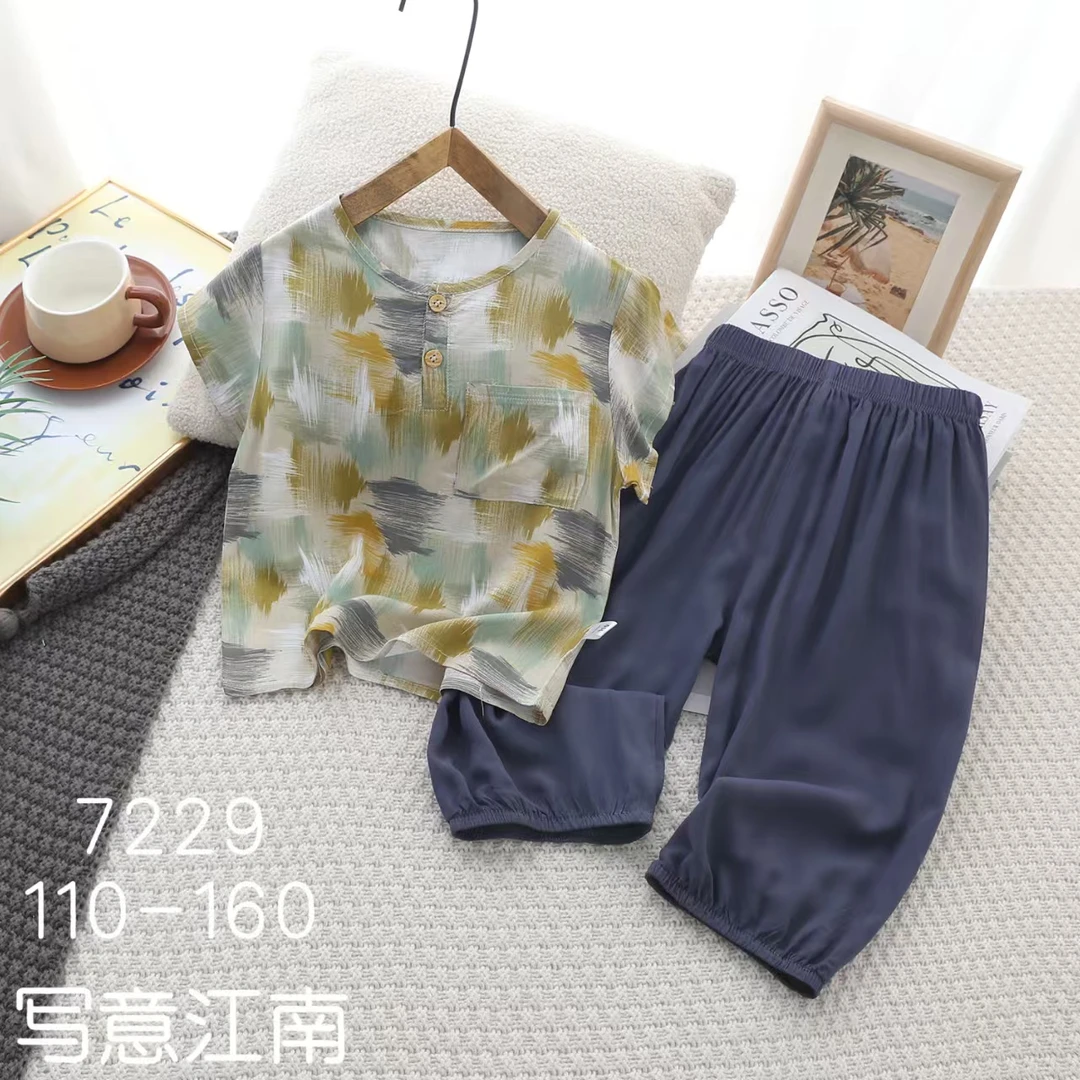 男童套装透气时尚休闲夏季纯色男套装薄款棉绸