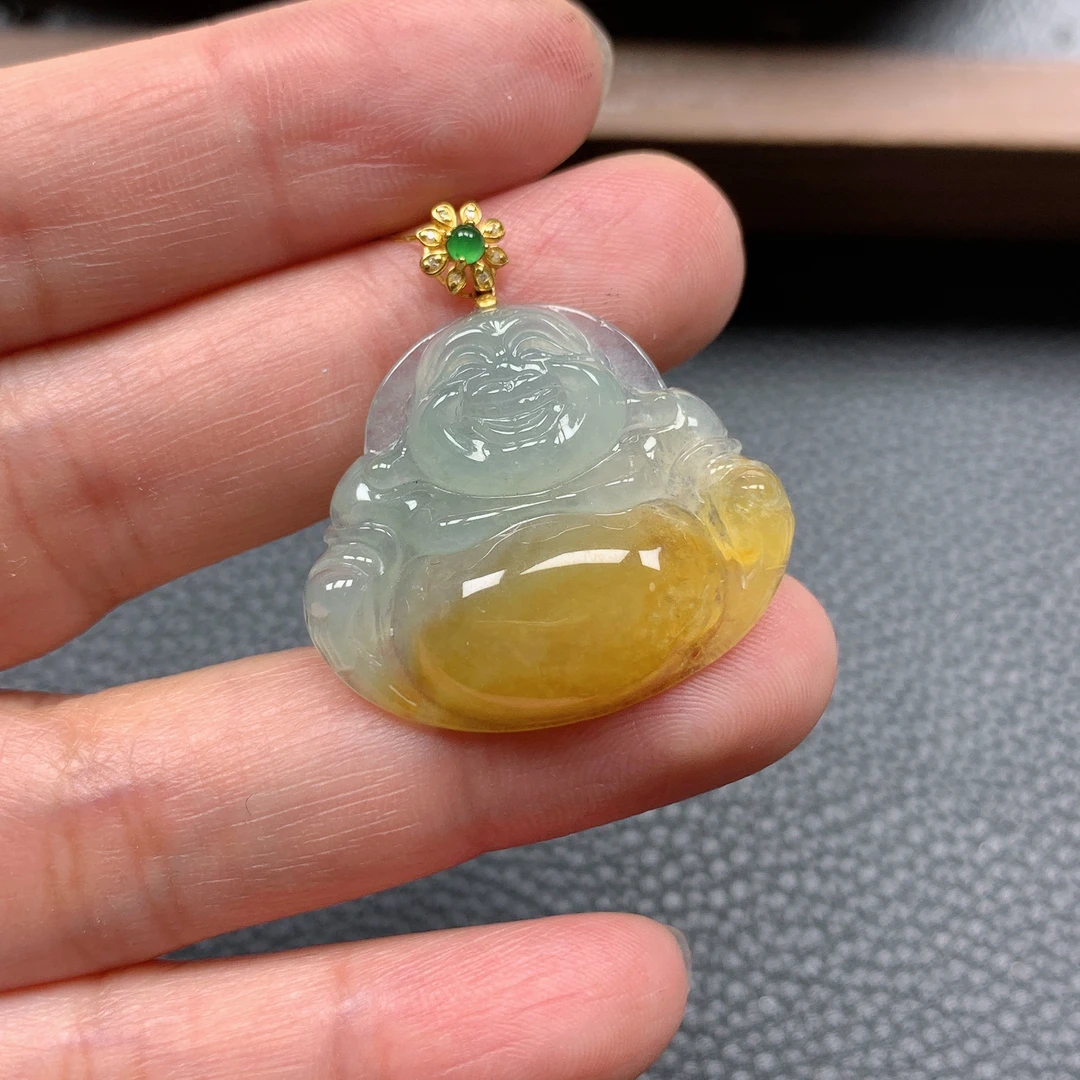 3-14n缅甸天然A货翡翠-18k金冰飘黄佛公吊坠，24-28-6