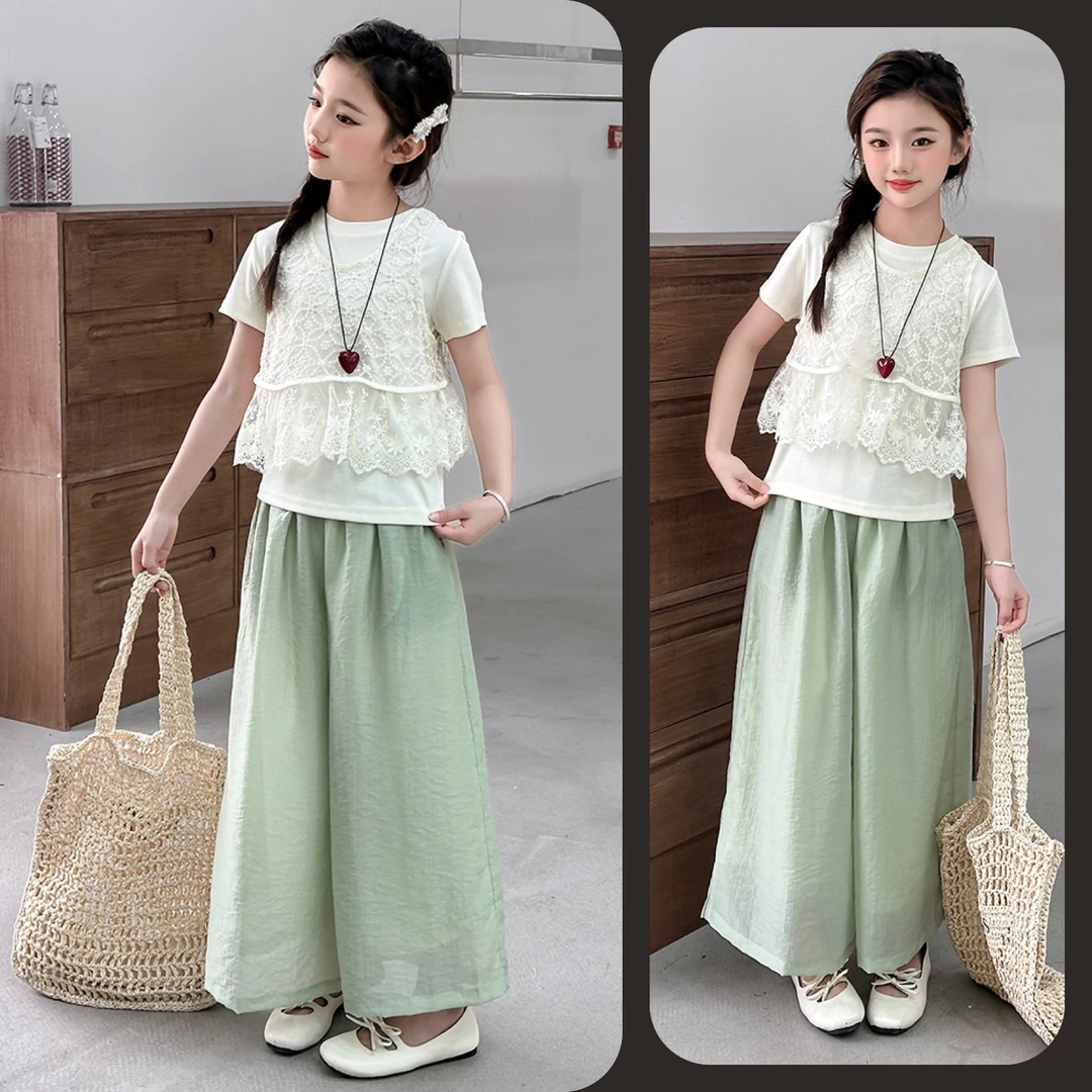 女童马甲短袖宽松阔腿裤套装中大童儿童6-12岁洋气甜美防蚊夏季新