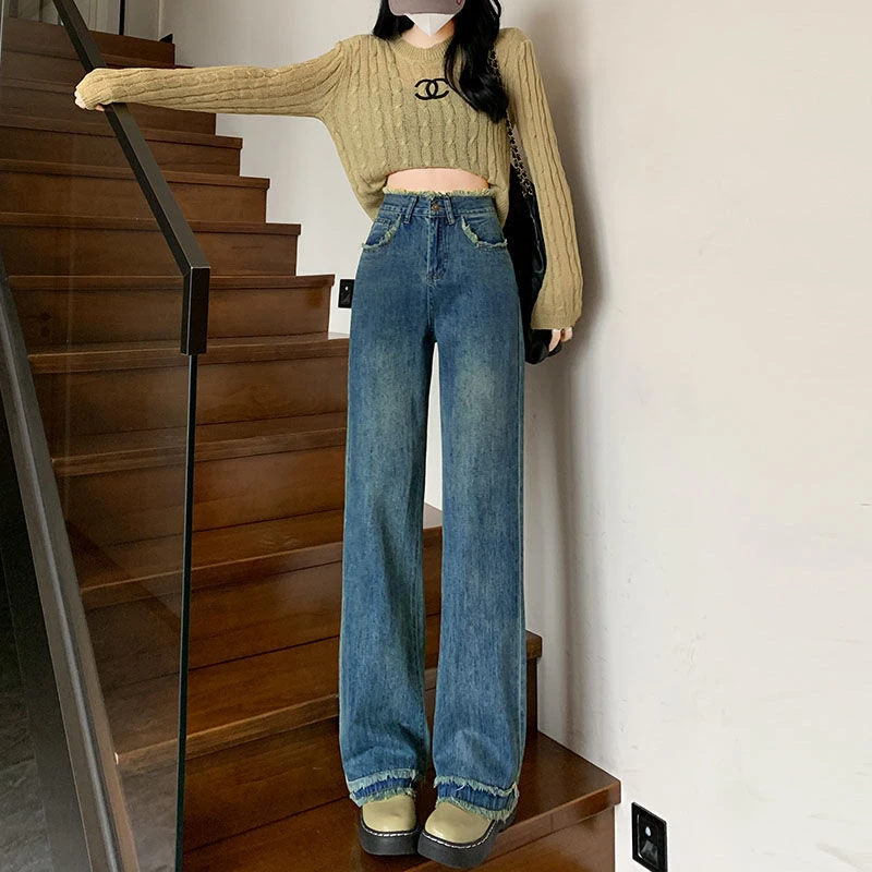 窄版百搭直筒牛仔裤女毛边设计2025年复古蓝宽松阔腿裤显高显瘦