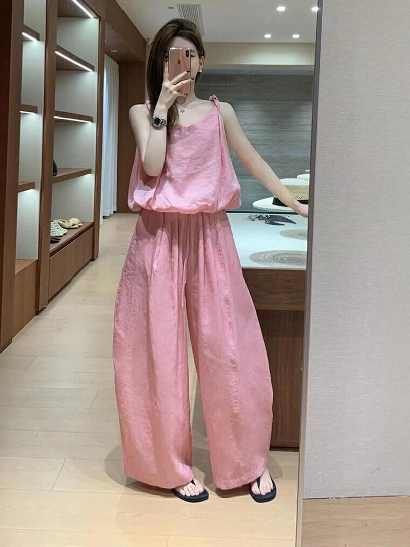 韩系独特绝美漂亮俏皮活泼气质高级感粉色衬衫长裤两件套装女夏季