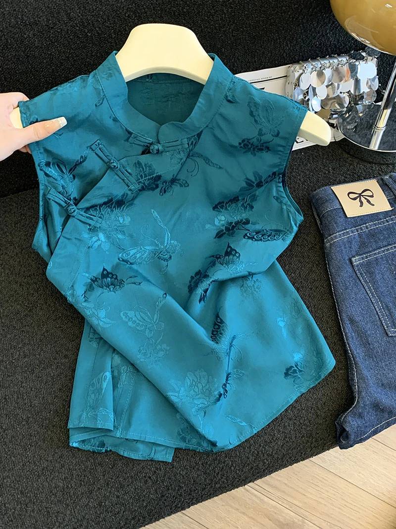 新中式国风提花盘扣立领无袖衬衫女2025夏清冷感收腰显瘦气质上衣