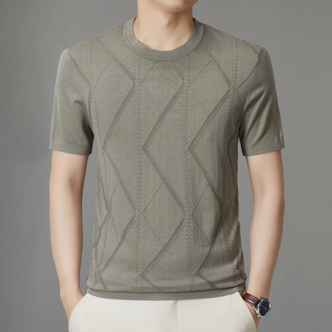 2025新款夏季桑蚕丝男士圆领重工天丝提花休闲百搭短袖2620