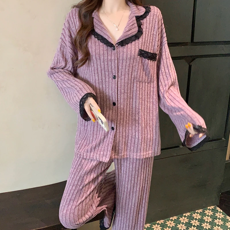 睡衣女款春秋冬季高级感羊绒棉长袖纯欲风花边开叉长裤芋香紫套装