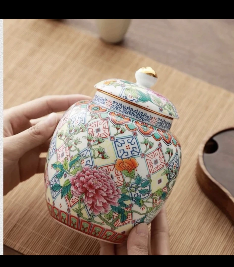 牡丹花螺旋口陶瓷茶叶罐密封罐
