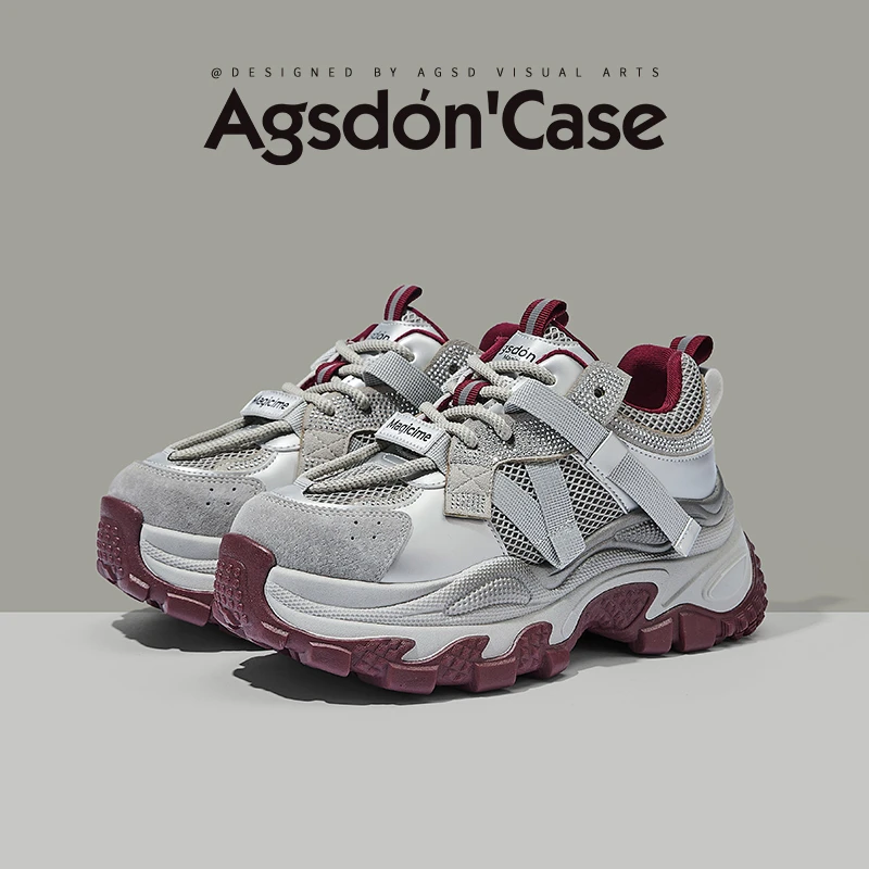 ~奥古狮登厚底老爹鞋女2025新款灰红撞色水钻拼接百搭运动休闲鞋W