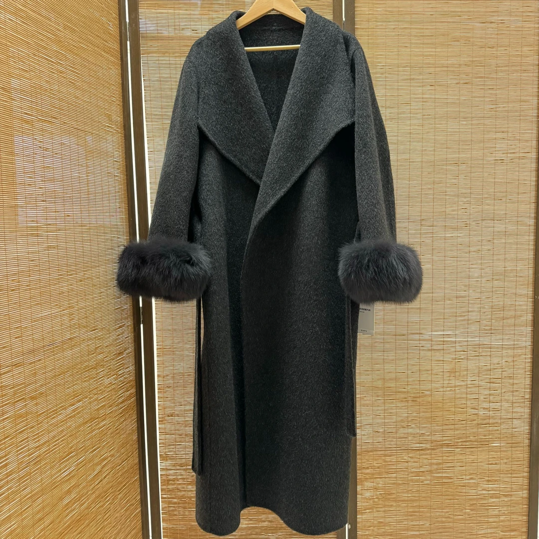 狐狸毛毛袖长款设计师韩系腰带羊驼毛羊毛大衣气质时尚8702