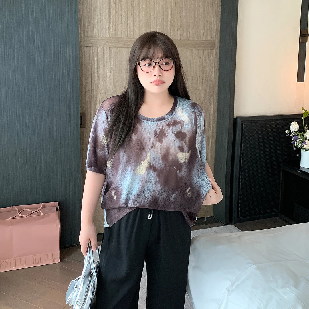 肉肉小姐大码女装夏新品圆领扎染设计感短袖T恤胖mm正肩宽松上衣