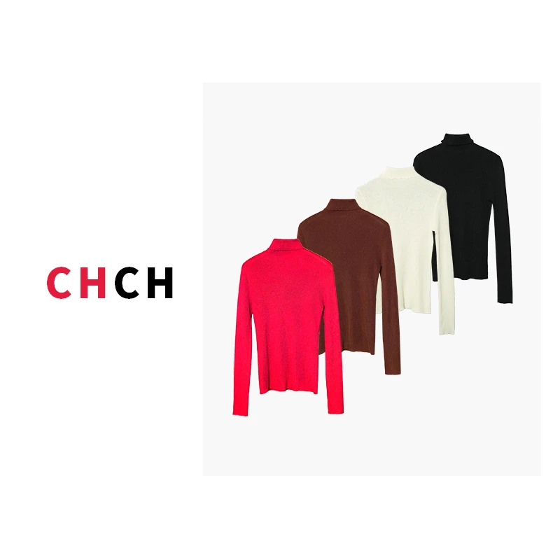 JY3ZZD123575秋冬新款时尚花边领纯色百搭高领打底针织衫女上衣