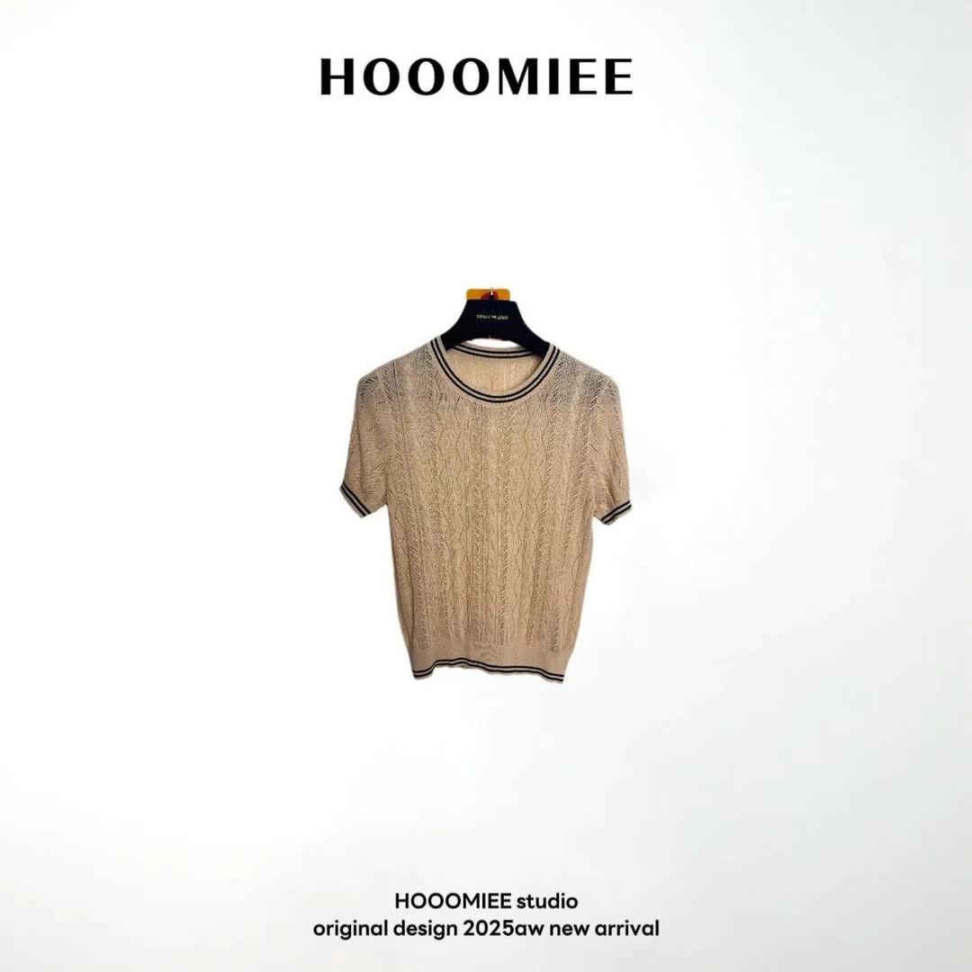 Hooomiee气质极简风夏季纯色女士短袖上衣J25134