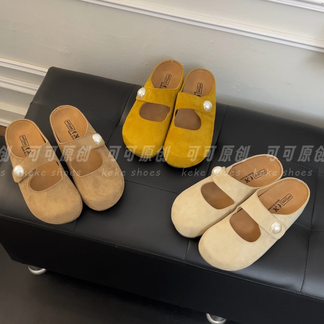 5CM内增高大珍珠玛丽珍半拖软底平底勃肯拖鞋欧若风夏季外穿女