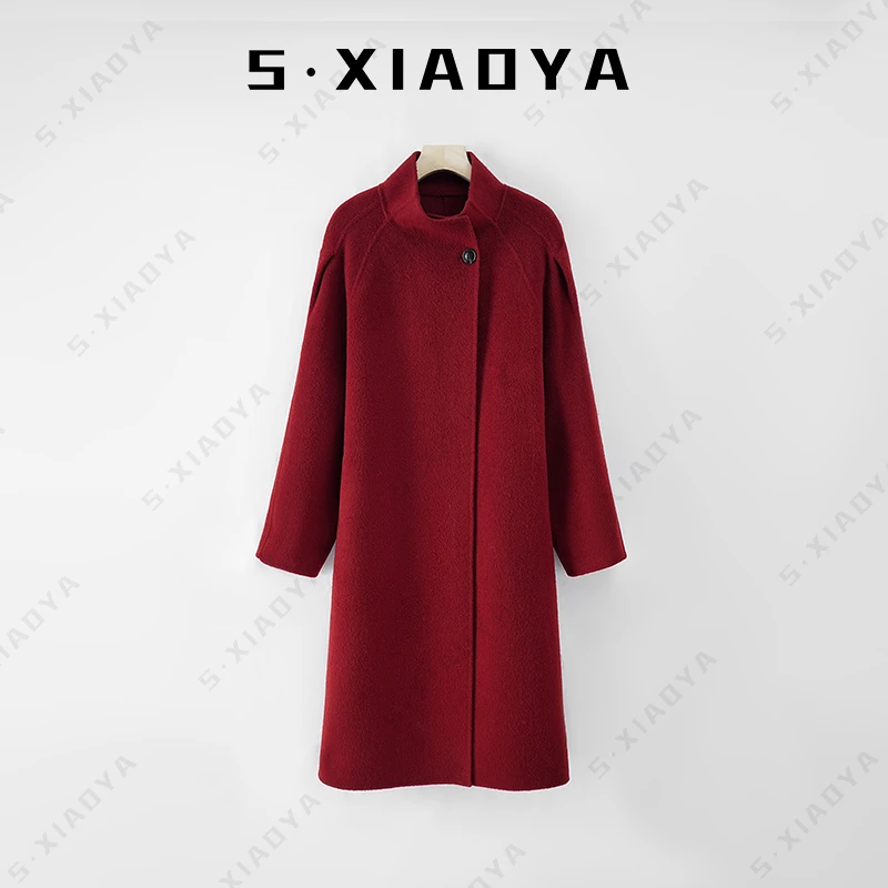 【S.XIAOYA】 红色气质中长款红色中长款绵羊毛大衣秋冬冬季88285
