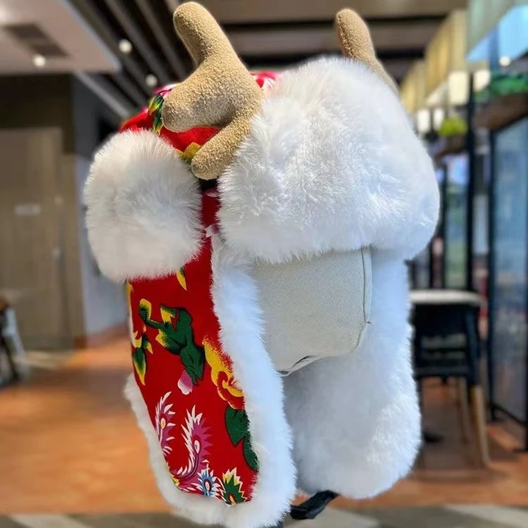 特厚东北大花鹿角雷锋帽保暖帽防寒冬季帽子极简风街头风雷锋帽