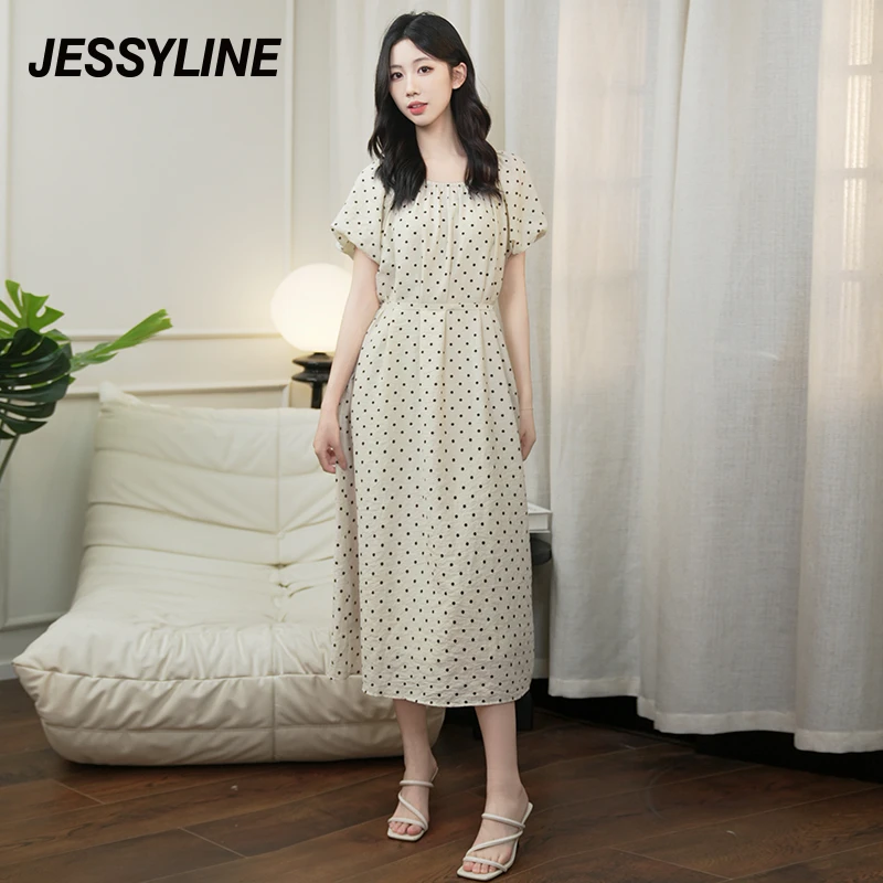 jessyline杰茜莱黑白色波点收腰显瘦气质短袖连衣裙女夏潮流新款