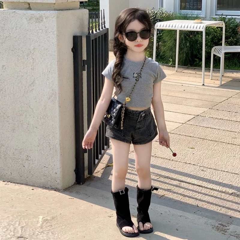 女童气质套装夏季新款修身短款抽绳露背短袖T恤牛仔短裤子两件套