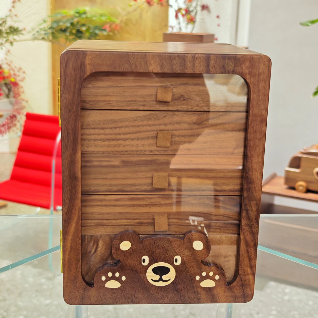 首饰盒/箱 小熊首饰盒带镜子可旋转实木抽拉式胡桃呢樱桃木