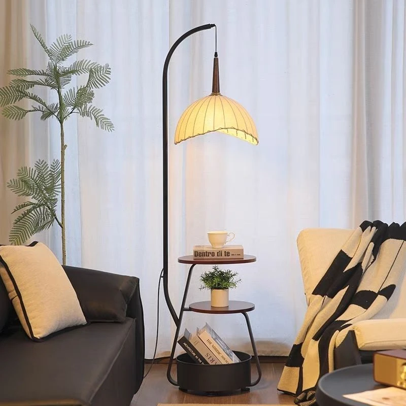 2024新款复古落地灯置物架一体中古风卧室法式客厅沙发边几氛围灯