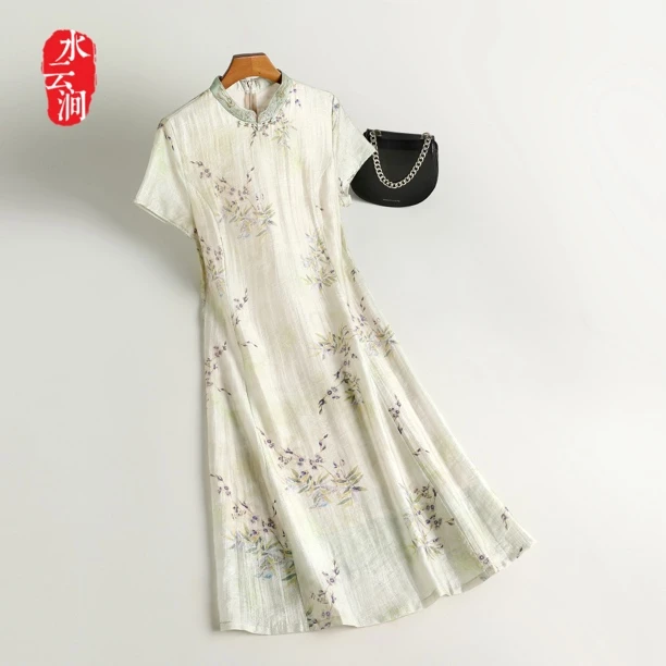 【春雾花庭】古典工笔绘画刺绣桑蚕丝连衣裙