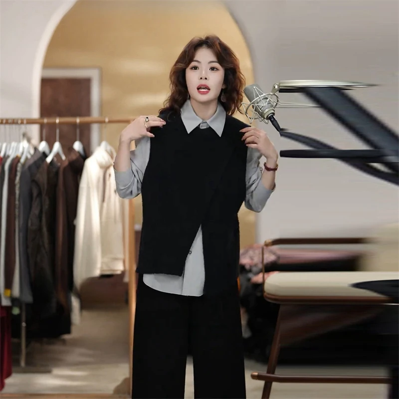 韩版潮流显瘦时尚套装女2025新款百搭个性休闲衬衫开叉马甲两件套