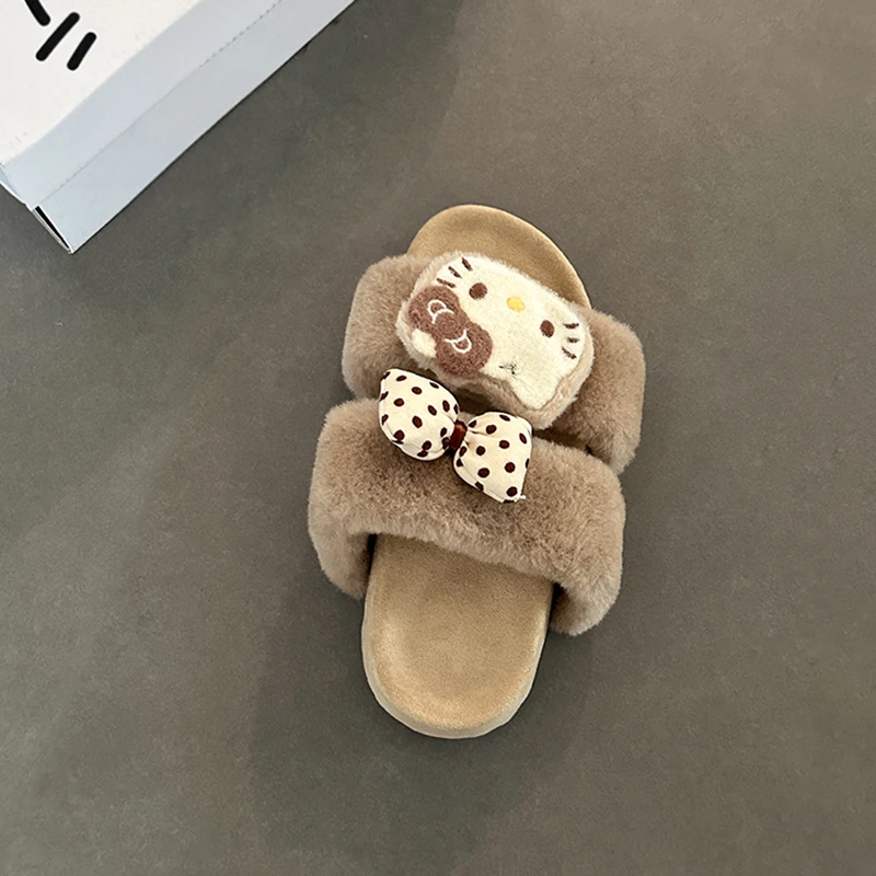 可爱卡通大头猫蝴蝶结毛毛拖鞋女2025秋冬新款厚底室内毛绒棉拖潮