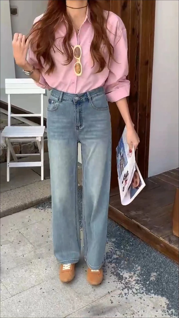 邹先森8109-28复古窄版阔腿裤高腰牛仔裤垂坠显瘦气质直筒