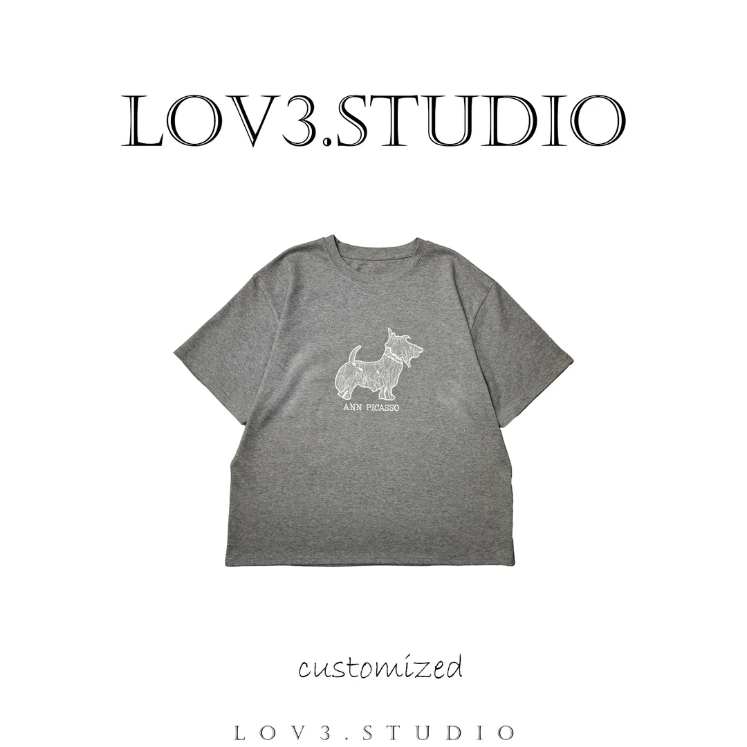 LOV3蕾丝刺绣小狗短袖2025夏新款时尚百搭圆领设计师大码遮肉