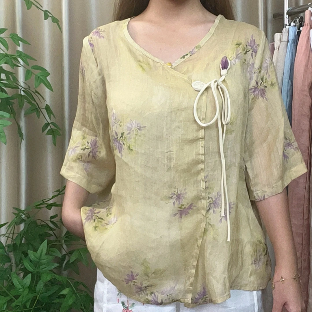 常规袖半袖斜襟新中式短袖衬衫中国风时尚丁达尔风