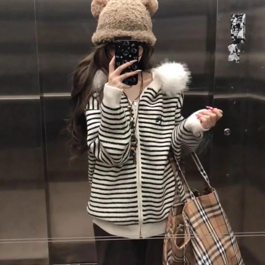 韩系高级感条纹大毛领连帽针织开衫毛衣女秋冬宽松慵懒风外套上衣